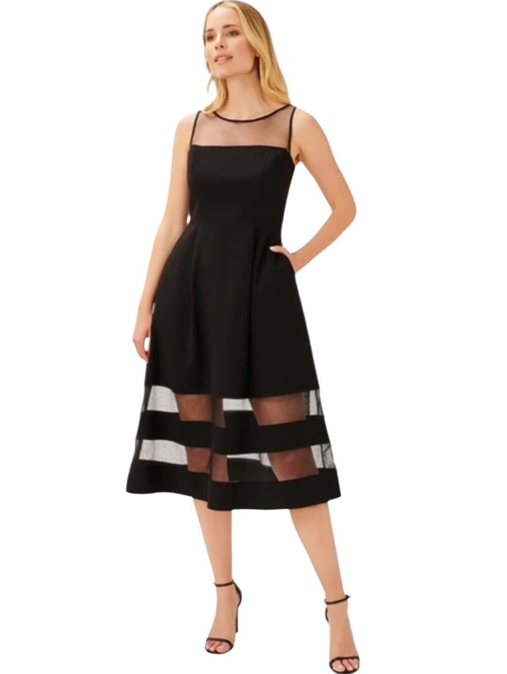 Adrianna Papell Black Sheer Shoulder Midi Cocktail Dress Size 10